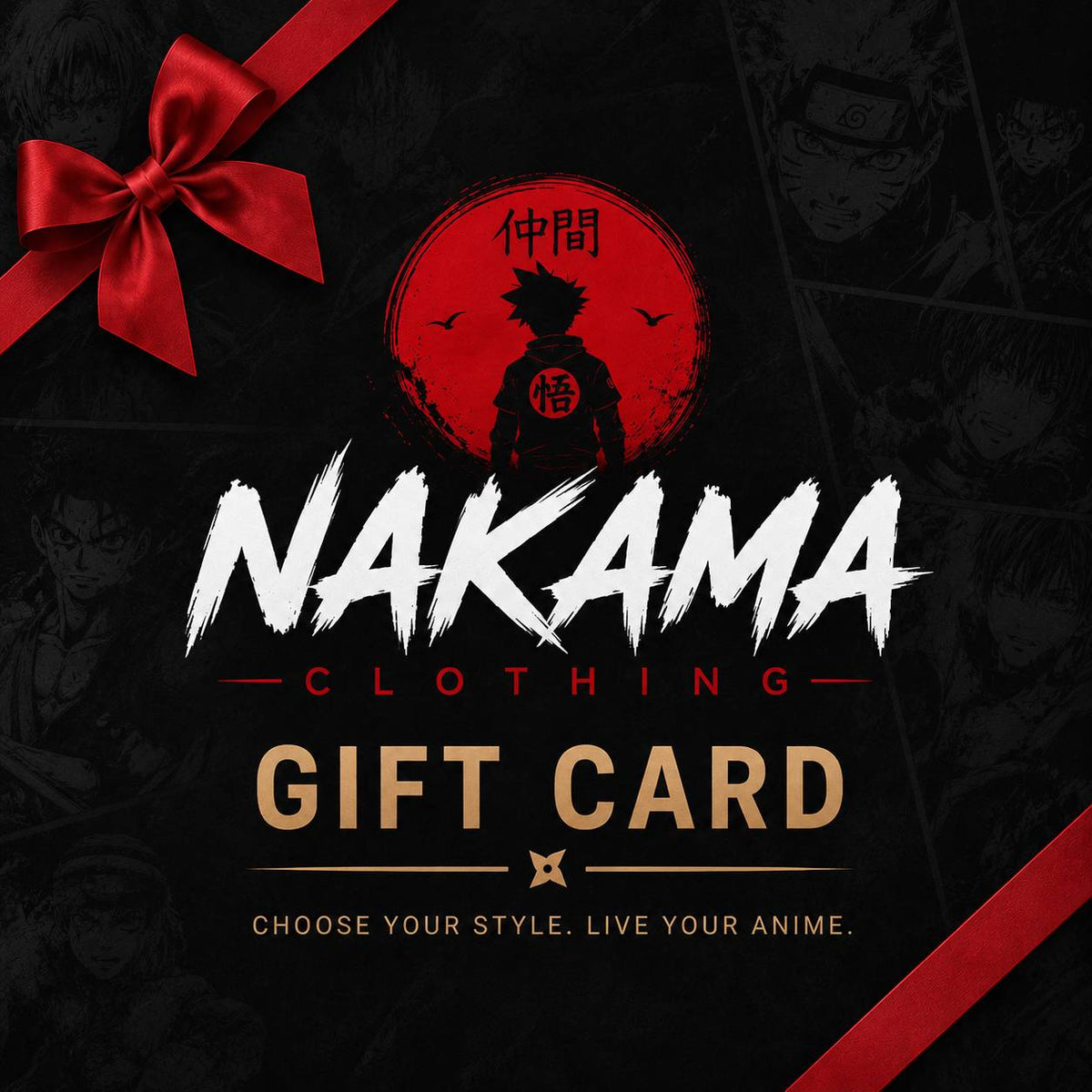 Nakama Clothing gift card with anime design and red gift ribbon