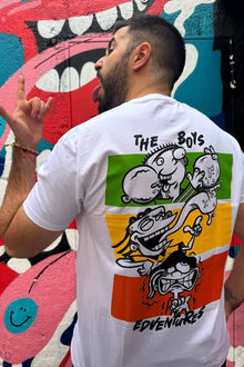 Model wearing Edventures cartoon t-shirt - Nakama Clothing