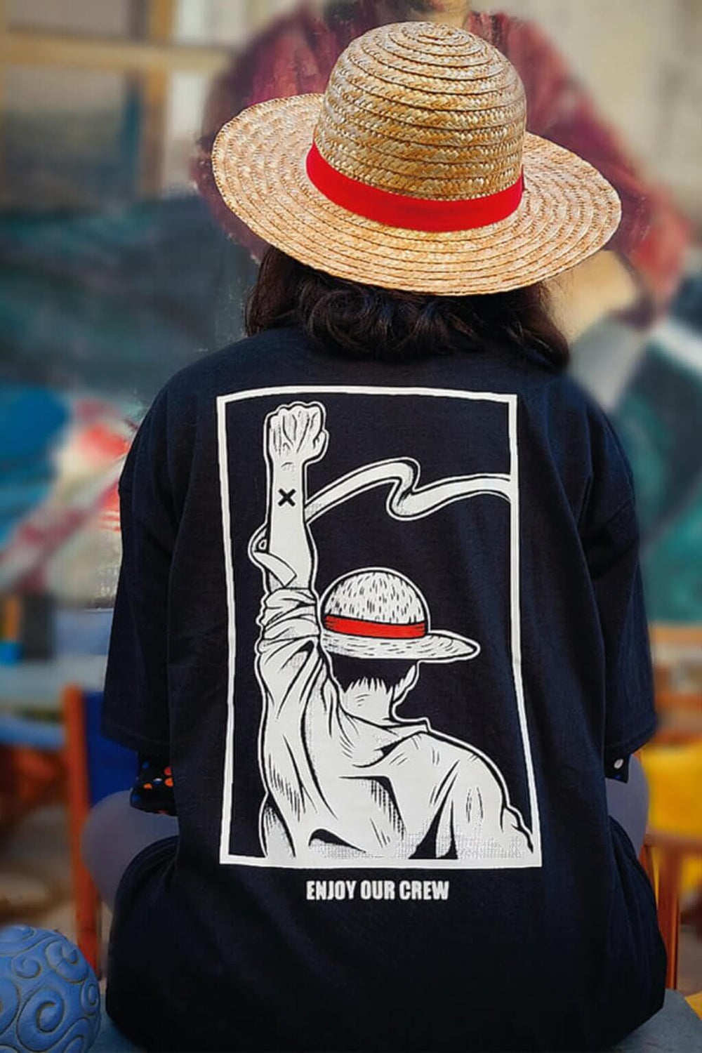 Model wearing Enjoy the Crew anime t-shirt - Nakama Clothing