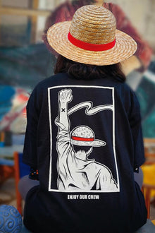Model wearing Enjoy the Crew anime t-shirt - Nakama Clothing