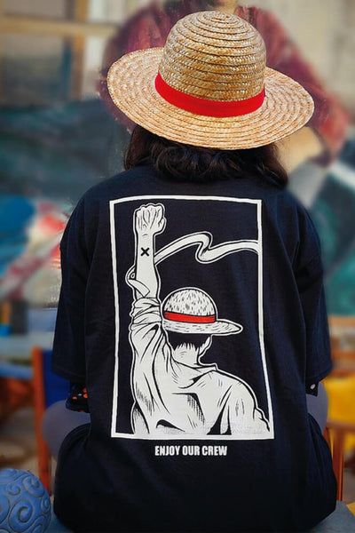 Model wearing Enjoy the Crew anime t-shirt - Nakama Clothing