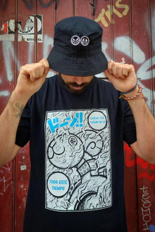 Model wearing Fire Donut anime bucket hat - Nakama Clothing