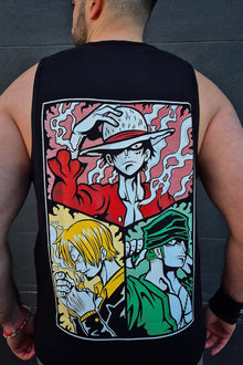 Model wearing Three Legends anime tank top - Nakama Clothing
