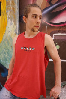 Model wearing Red Genius anime tank top - Nakama Clothing