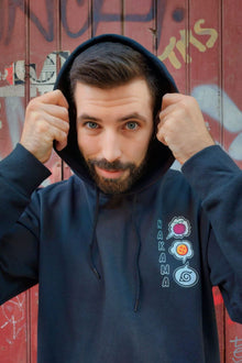 Model wearing The King Three anime hoodie - Nakama Clothing