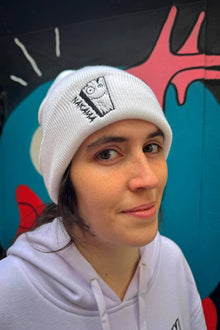 Model wearing Wood Friend cartoon beanie - Nakama Clothing